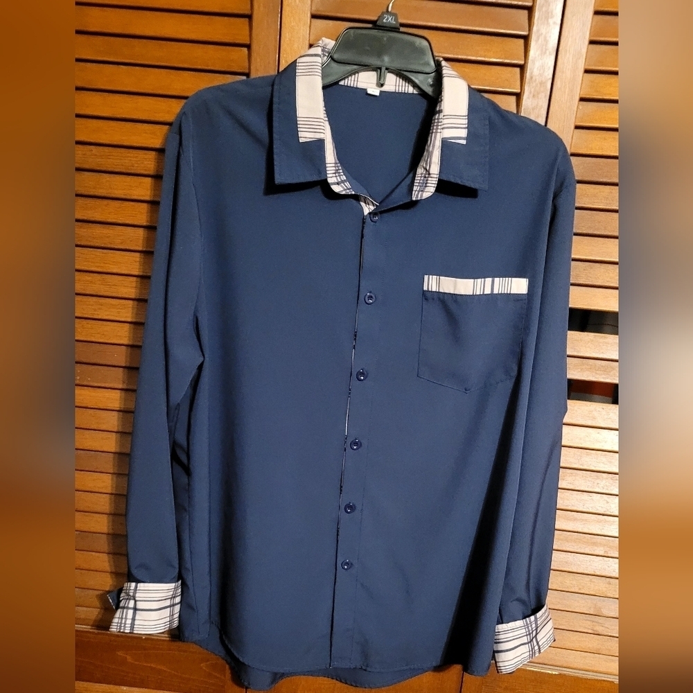 Men's Classic Navy Blue Button Down Dress Shirt with Plaid Accents . M/L
